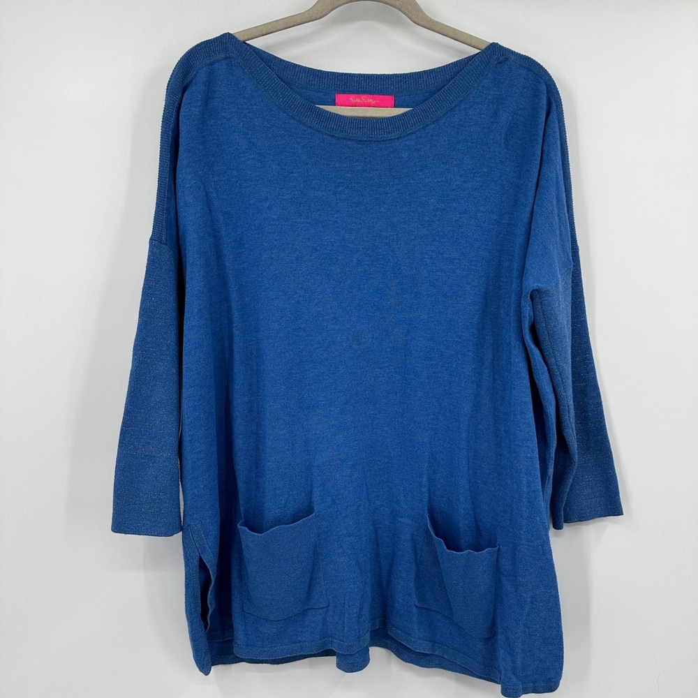 Lilly Pulitzer Blue Crew Neck Oversized Sweater Knit Top Pockets Metallic Medium